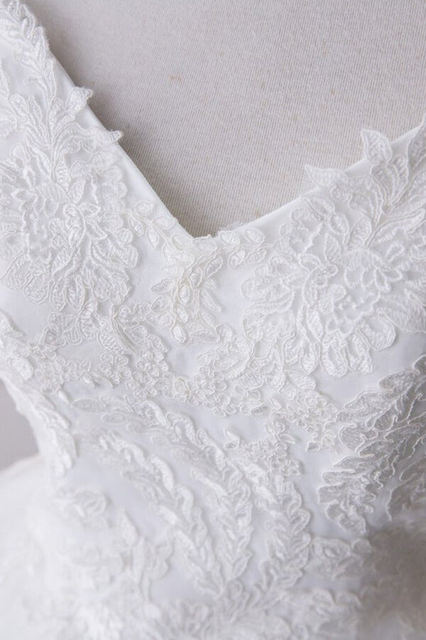Amazing Long Off the Shoulder V-neck Lace Tulle Ball Gown Wedding Dress