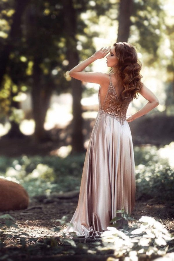 Long A-line V-neck Spaghetti Straps Backless Floor Length Ruffles Prom Dress
