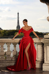 Red Mermaid Off The Shoulder V Neck Split Front Satin Long Prom Dress