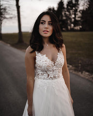 Simple Long A-line V-neck Tulle Lace Wedding Dress