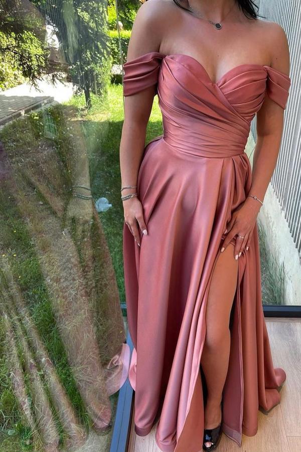 Gorgeous Long A-line Off the Shoulder Satin Prom Dress with Slit