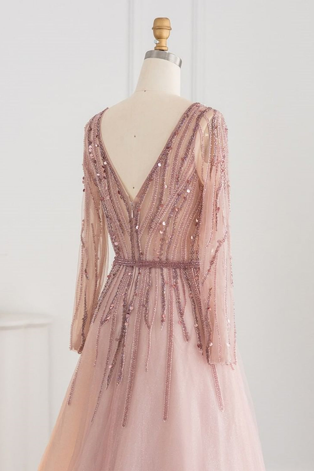 Long A-line V-neck Sequins Beading Tulle Formal Prom Dresses with Sleeves
