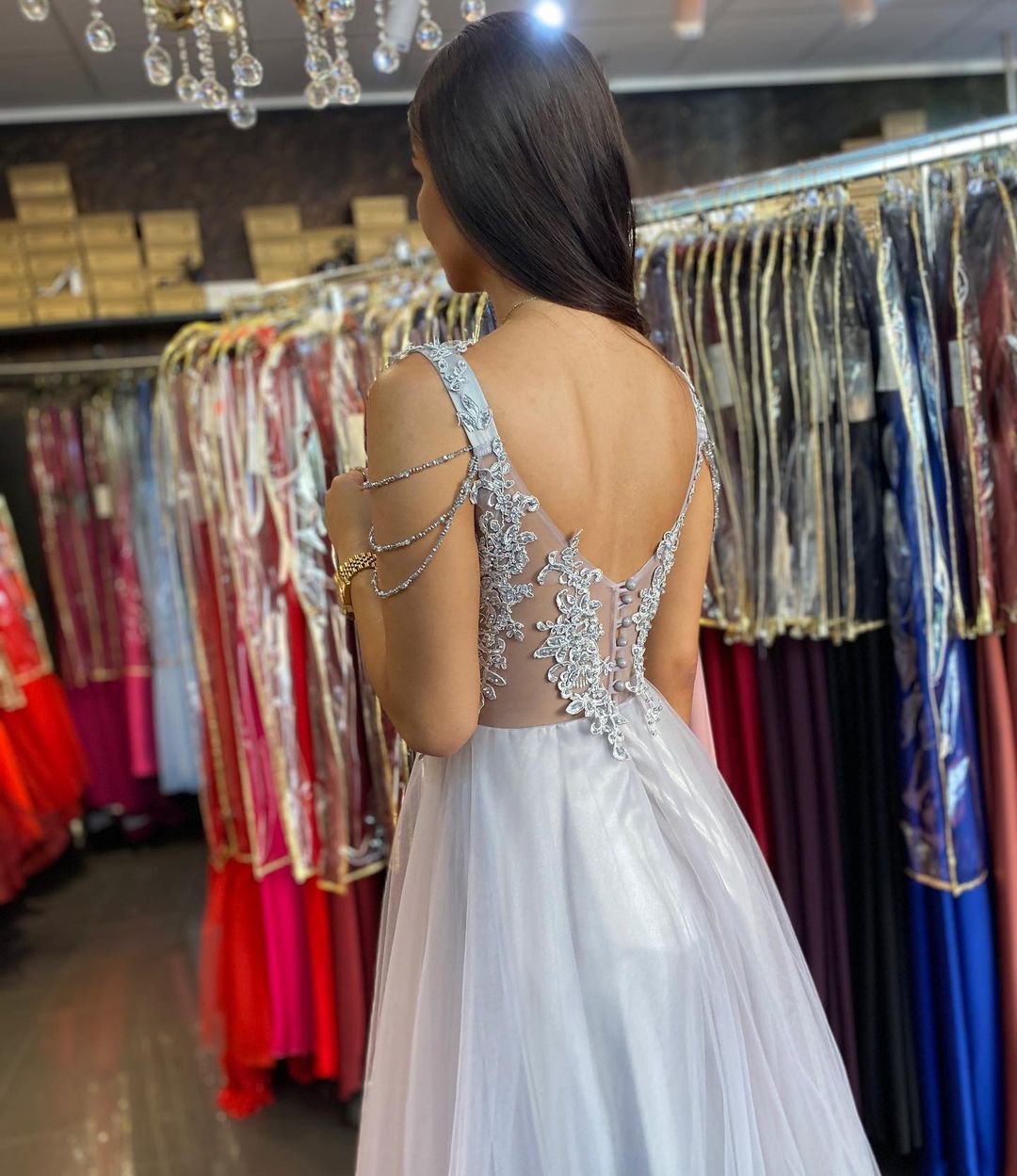 Long Sweetheart Spaghetti Straps A-line Tulle Backless Prom Dress