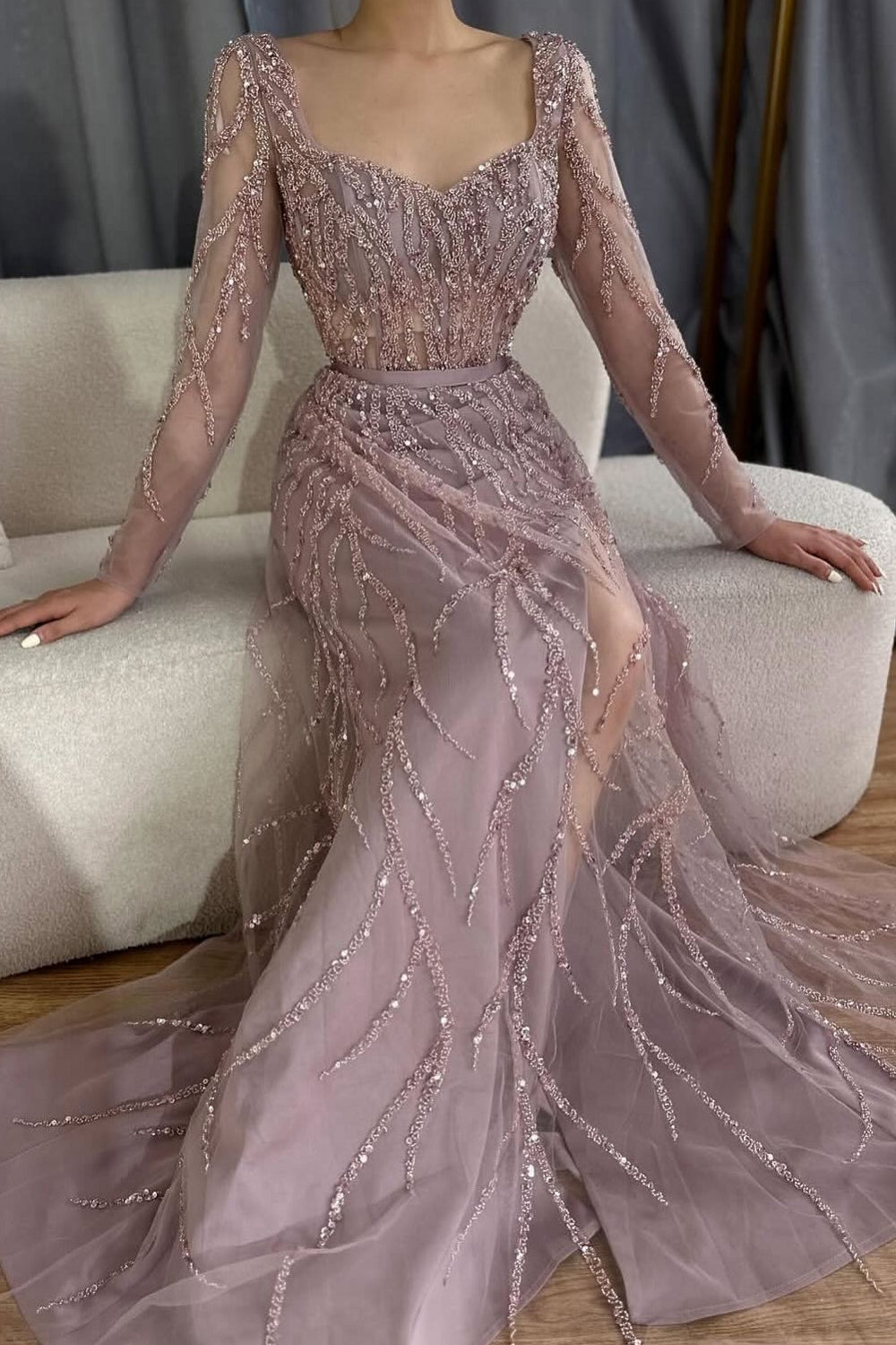 Long Sleeve Sequined Mermaid Formal Evening Dresses with Slit