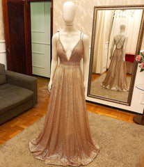 Long V-neck Sequined A-line Open Back Sleeveless Prom Dress