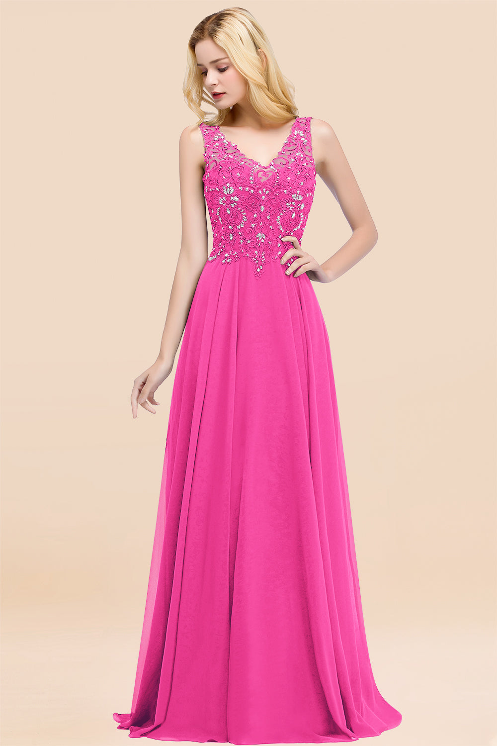 Dusty Rose Lace V-Neck Long Bridesmaid Dresses With Appliques