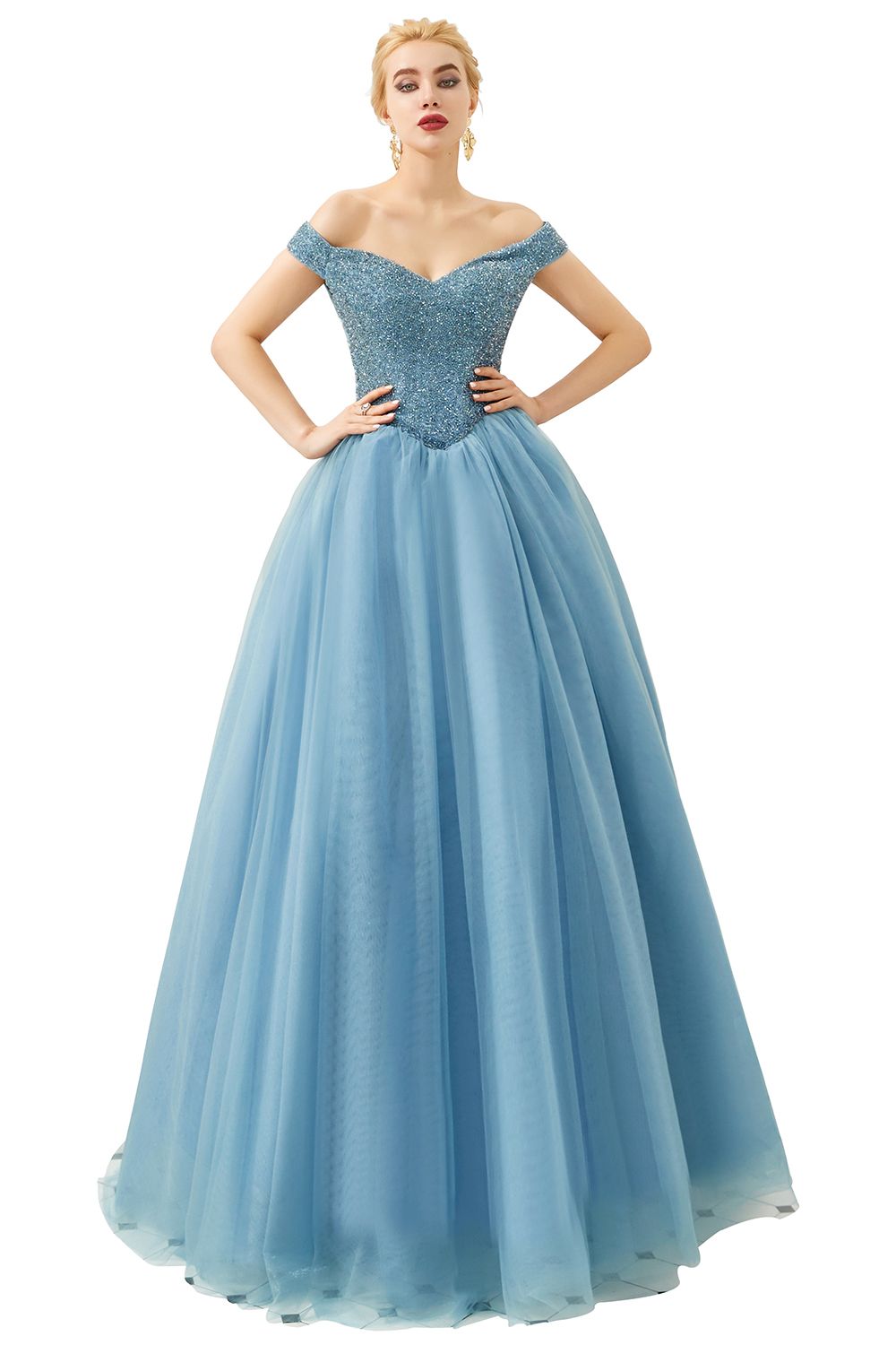 Long A-line Off the Shoulder Tulle Sequin Formal Dresses