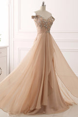 Long A-Line Off the Shoulder Beading Ruffles Chiffon Prom Dress