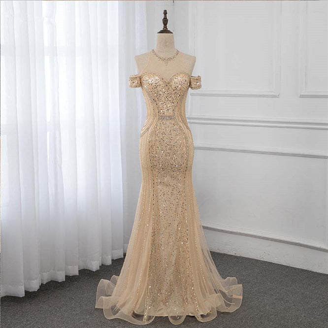 Charming Long Bateau Off the Shoulder Sequins Beading Mermaid Tulle Prom Dress