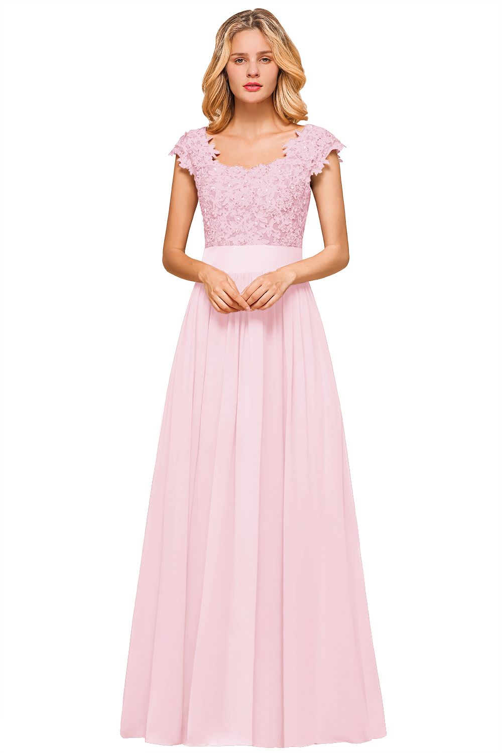 Dusty Blue Long A-line Cap sleeves Lace Bridesmaid Dresses with Appliques