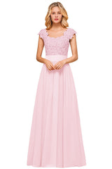 Dusty Blue Long A-line Cap sleeves Lace Bridesmaid Dresses with Appliques