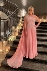 One Shoulder A-Line Chiffon Beaded Long Evening Dress with Appliques Lace
