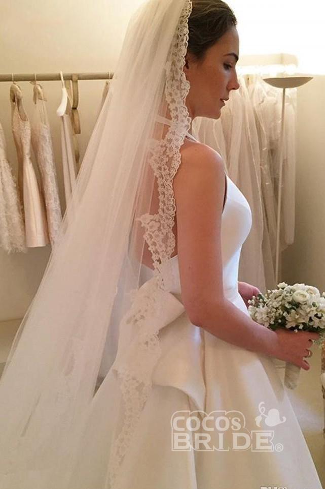 Simple Long A Line Halter Satin Backless Sleeveless Wedding Dress with Bow