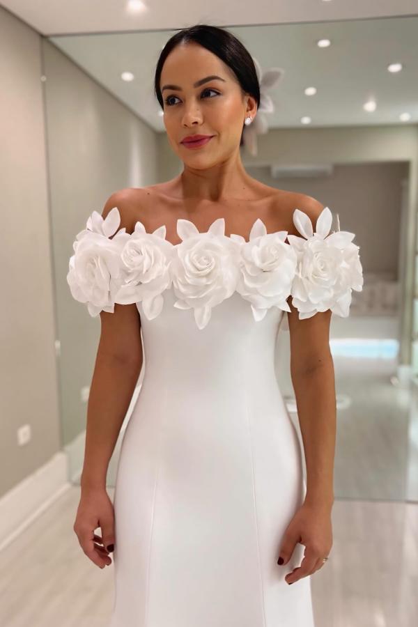 Elegant Long Mermaid Off The Shoulder Satin Flower Wedding Dresses
