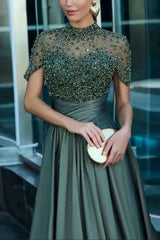 Elegant Illusion Neck Long A-line Formal Evening Dress with Pockets
