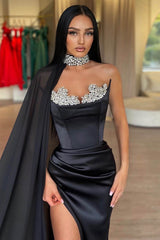 Black Strapless Mermaid Long Satin Beaded Prom Dress with Slit