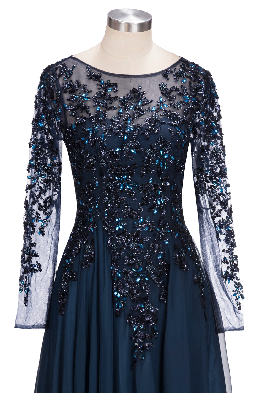 Long A-line Floor Length Tulle Lace Formal Evening Dresses with Sleeves