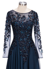 Long A-line Floor Length Tulle Lace Formal Evening Dresses with Sleeves