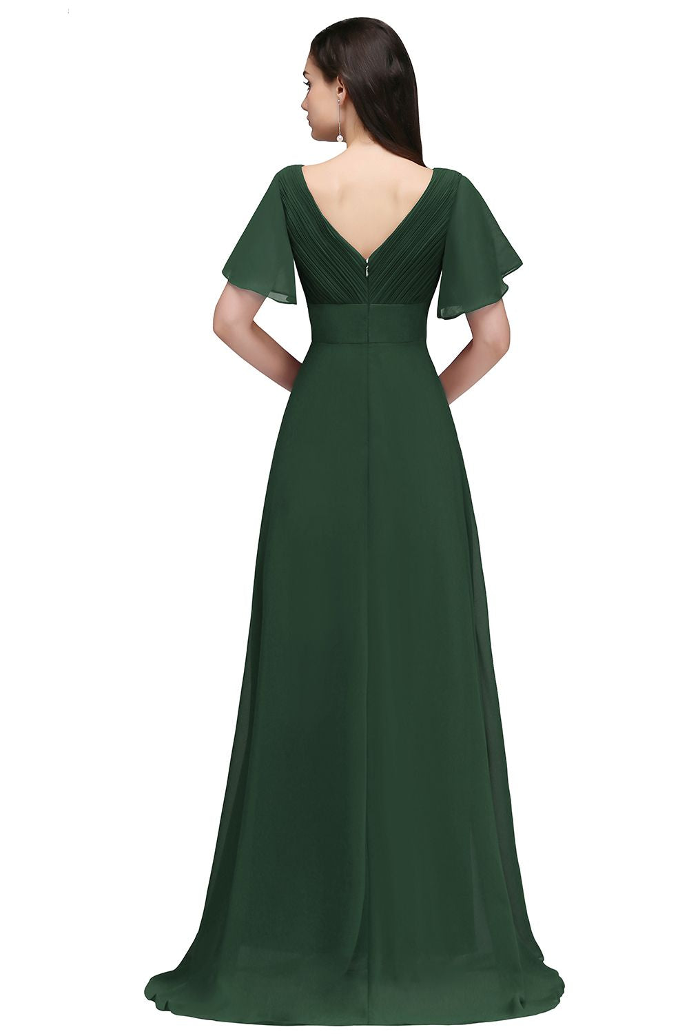 A-line Ruffle Chiffon V-Neck Long Bridesmaid Dress with Sleeves