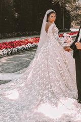 Elegant Ball Gown Scoop Neck Lace Tulle Long Appliques Wedding Dress with sleeves