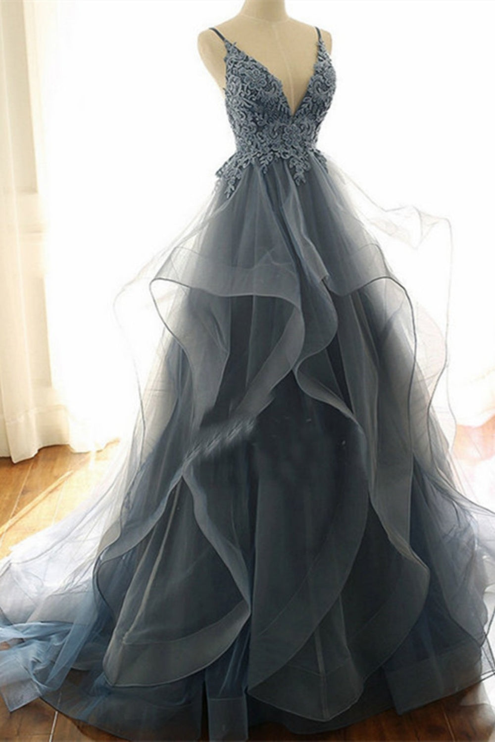 Long V-neck Spaghetti Straps Ruffles Tulle A-line Backless Prom Dress