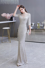 Gorgeous Silver Mermaid Long Formal Dresses with Sleeves