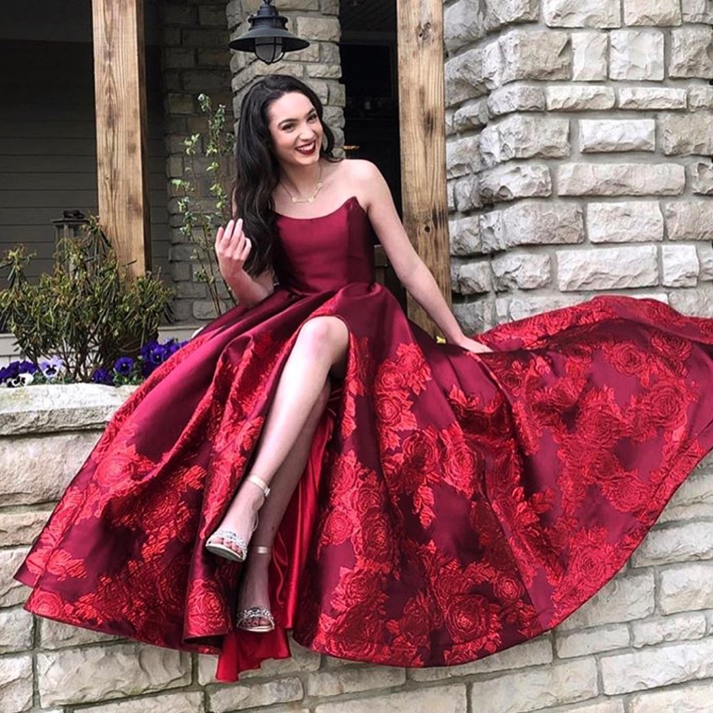 Long A-line Strapless Backless Floor Length Ruffles Satin Prom Dress With Split