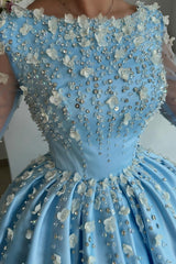 Long Ball Gown Satin Floor Length Prom Dress with Sleeves