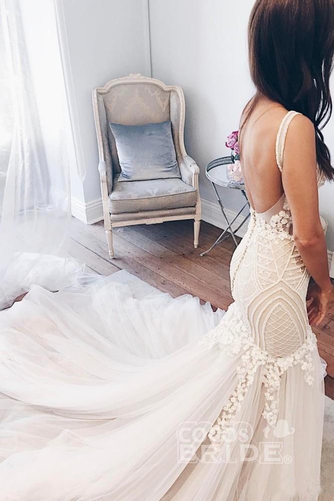 Vintage Long Mermaid V Neck Backless Tulle Wedding Dress