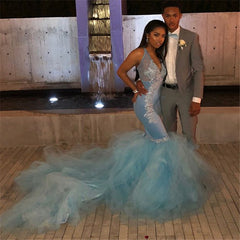 Long V-neck Spaghetti Straps Appliques Lace Backless Mermaid Prom Dress