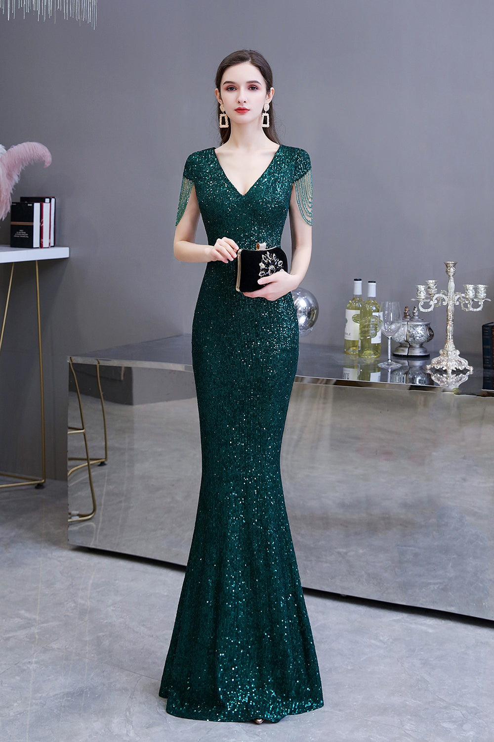 Elegant Mermaid Cap Sleeve Dark Green Sequins Long Formal Evening Dress