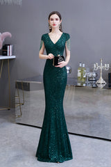 Elegant Mermaid Cap Sleeve Dark Green Sequins Long Formal Evening Dress