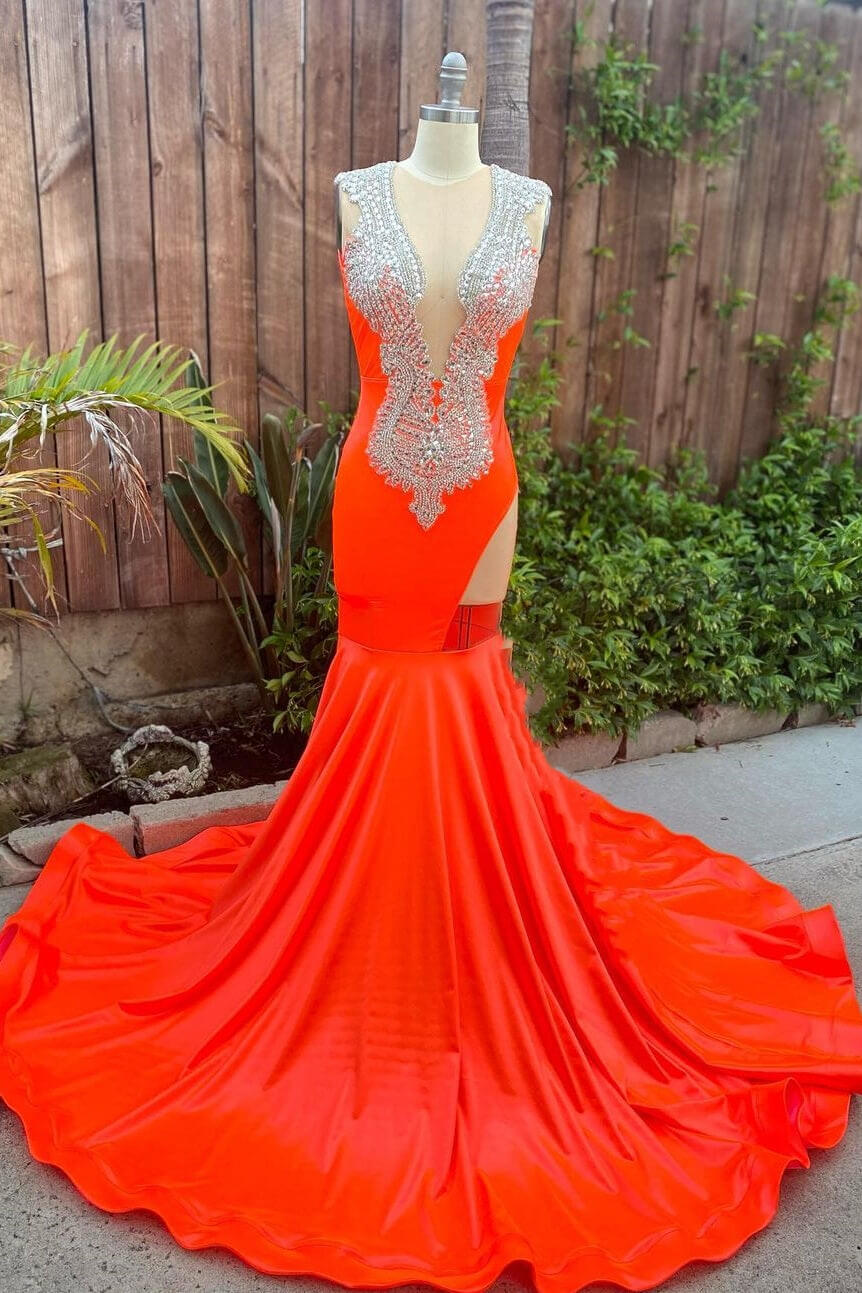 Elegant Long Mermaid V-neck Satin Silver Beaded Prom Dresses