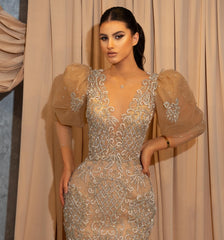 Long Mermaid V-neck Tulle Lace Formal Evening Dress with Puffy Sleeves