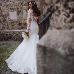 Elegant Long Mermaid Lace Open Back Wedding dresses with Sleeves