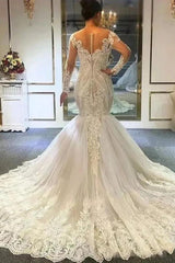Elegant Mermaid Sweetheart Lace Tulle Long Appliques Wedding Dress with Sleeves