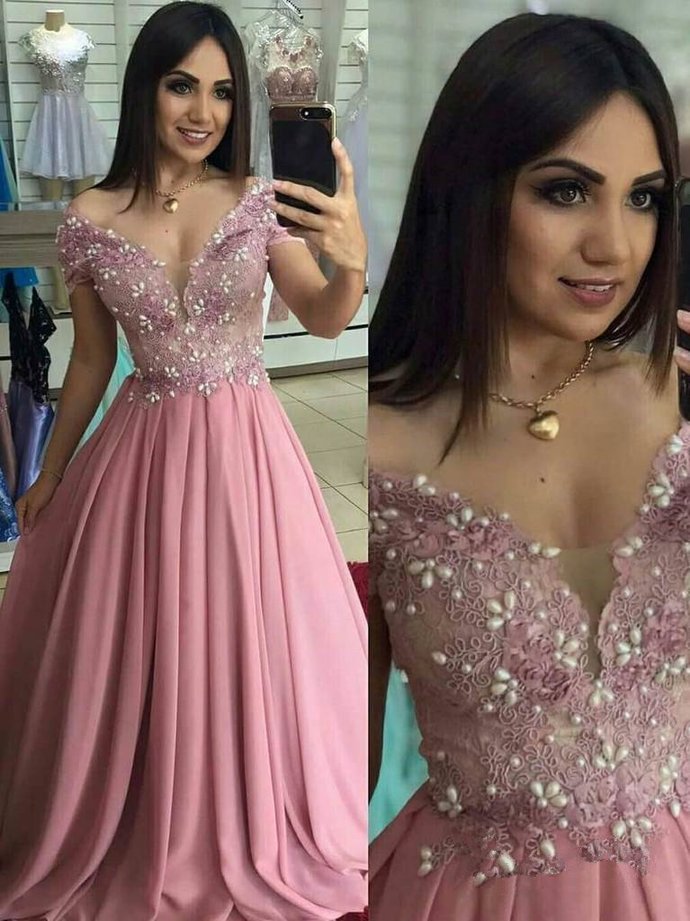 Long Sweetheart Off the Shoulder A-Line Chiffon Beading Prom Dresses