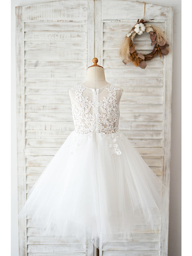 White Ball Gown Tulle Lace Birthday Flower Girl Dresses