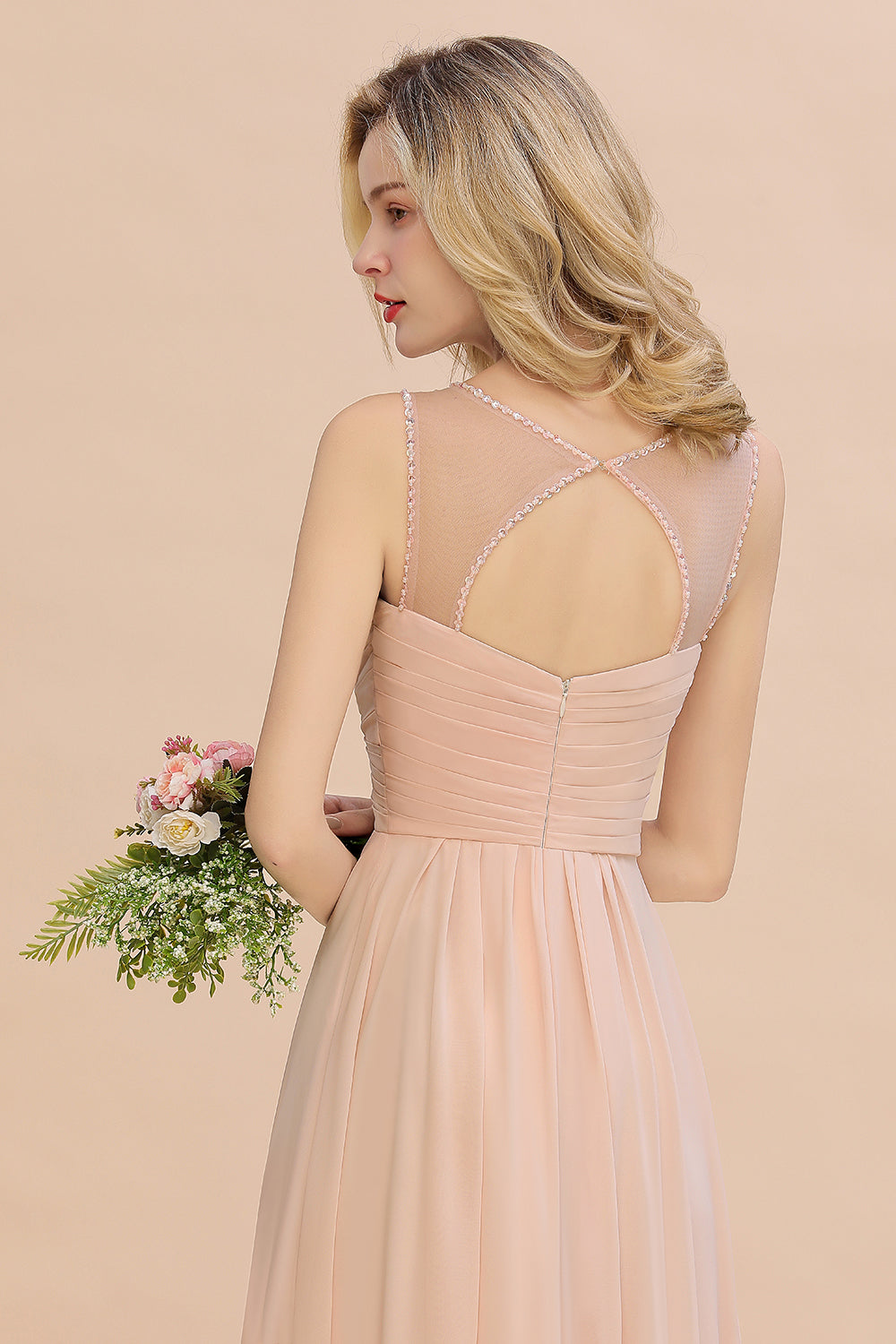 Long Spaghetti Straps V-neck A-Line Chiffon Floor Length Bridesmaid Dress With Ruffles