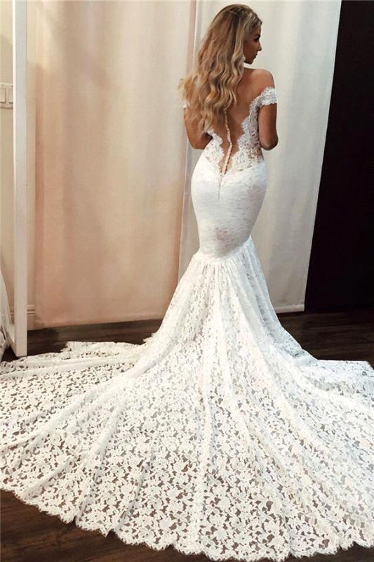Long Off the Shoulder Appliques Lace Floor Length Mermaid Wedding Dress
