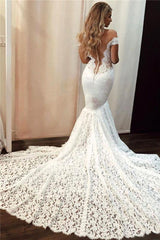 Long Off the Shoulder Appliques Lace Floor Length Mermaid Wedding Dress