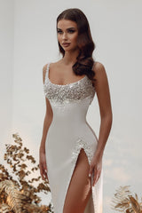 Modest Long Mermaid Satin Beading Wedding Dresses with Slit
