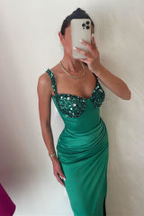 Long Satin Mermaid Spaghetti Straps Prom Dress with Beaded