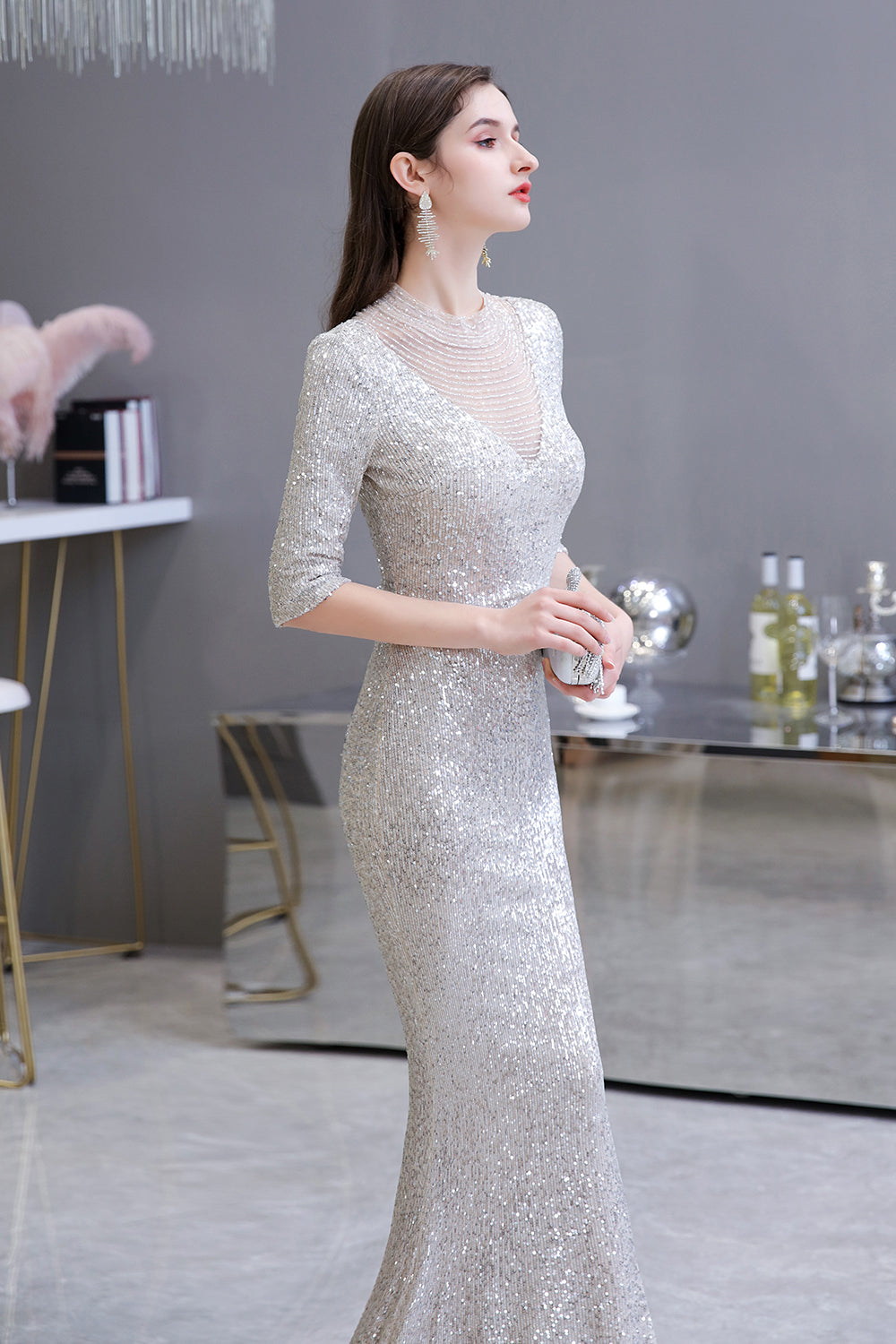 Gorgeous Silver Mermaid Long Formal Dresses with Sleeves