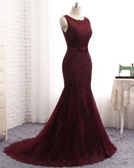 Burgundy Long Scoop Tulle Mermaid Formal Evening Dresses