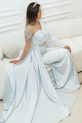 Long Mermaid V-neck Satin Tulle Beading Formal Evening Dresses with Sleeves