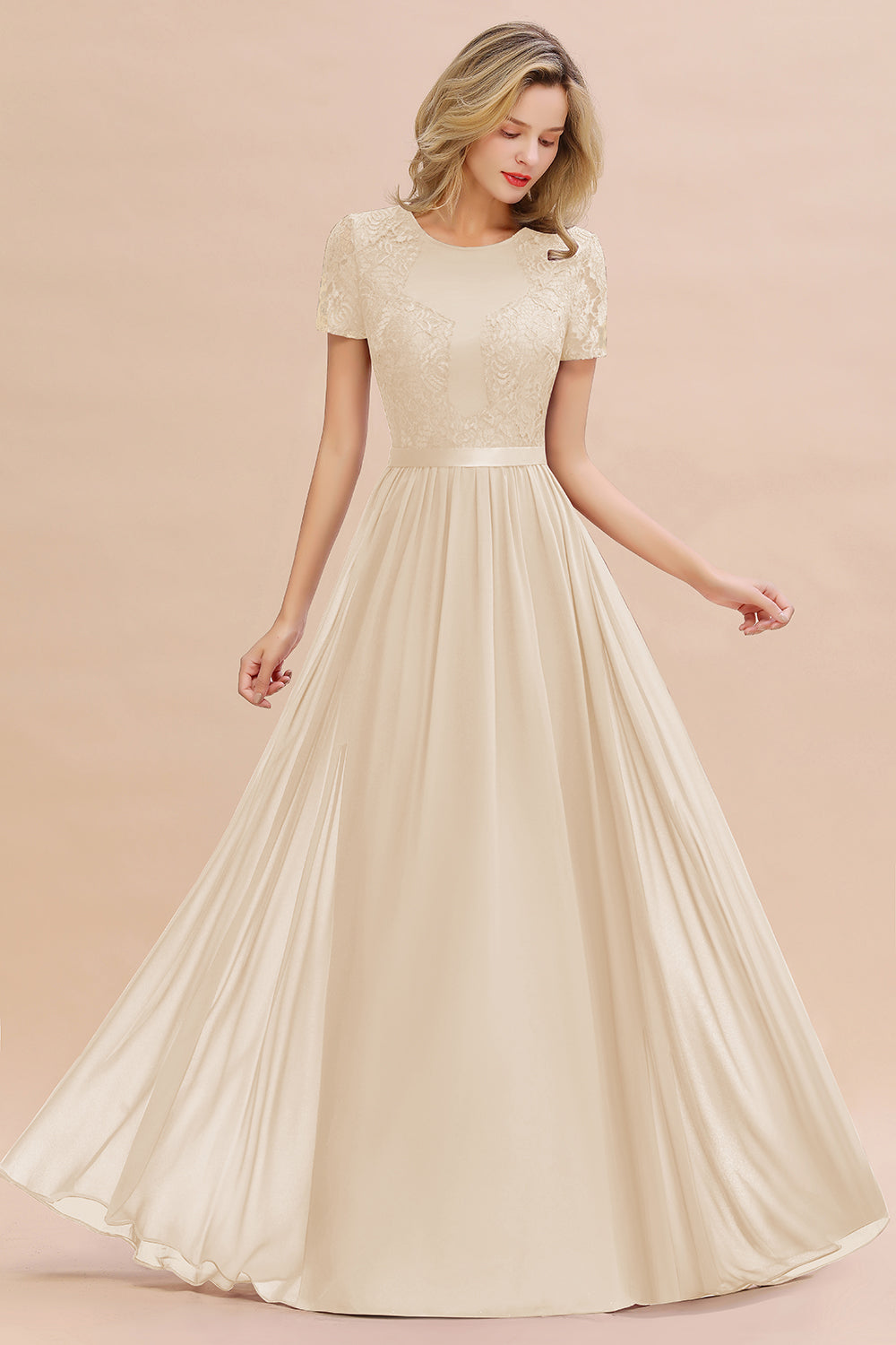 Chiffon Lace Scoop Short Sleeve Bridesmaid Dress