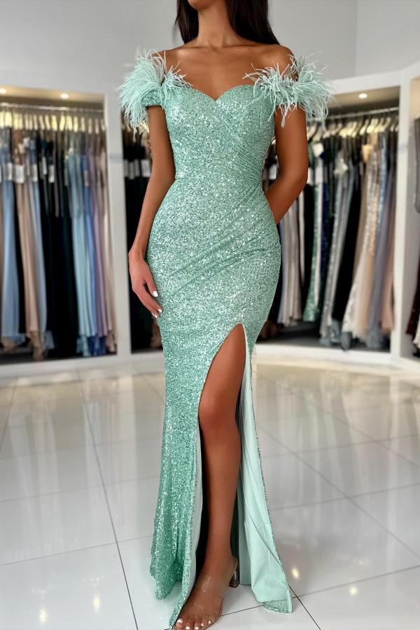 Elegant Long Mermaid Off the Shoulder Glitter Formal Prom Dresses with Slit