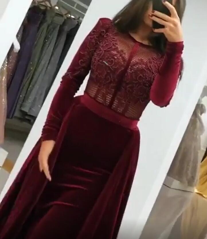 Long Sleeve Appliques Lace Ruffles Velvet Mermaid Formal Evening Dress