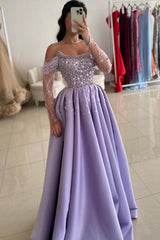 Off The Shoulder Long Sleeve A-Line Satin Prom Dress with Beads
